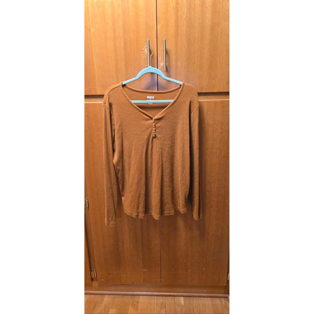 Duluth Trading Co Henley Top Womens XL Orange Long Sleeve Ribbed Knit V-Neck